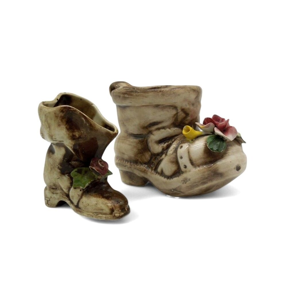 CAPODIMONTE Italian Ceramic Figurine Small Boot Planter Set of 2 Italy Vintage